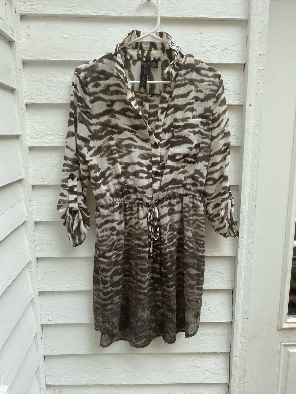 Sheer Ombré Animal Print Tie-Waist Shirt Dress - Taupe & Cream
